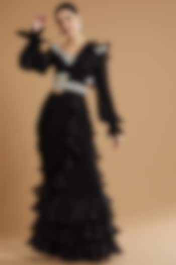 Black Georgette Ruffled Draped Saree Set by ANUSHKAA BAJAJ