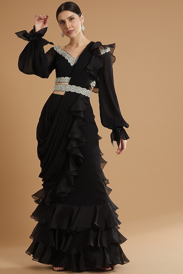 Black Georgette Ruffled Draped Saree Set by ANUSHKAA BAJAJ