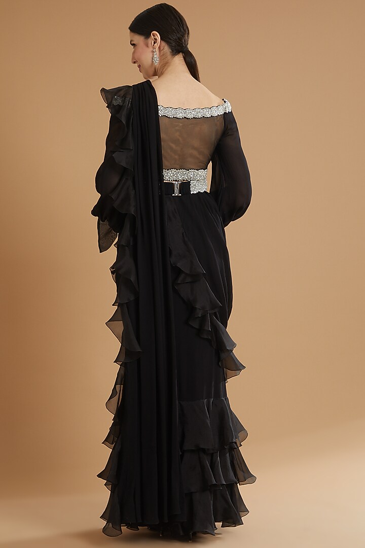 Black Georgette & Organza Ruffled Draped Wedding Saree Set by ANUSHKAA BAJAJ at Pernia's Pop Up Shop