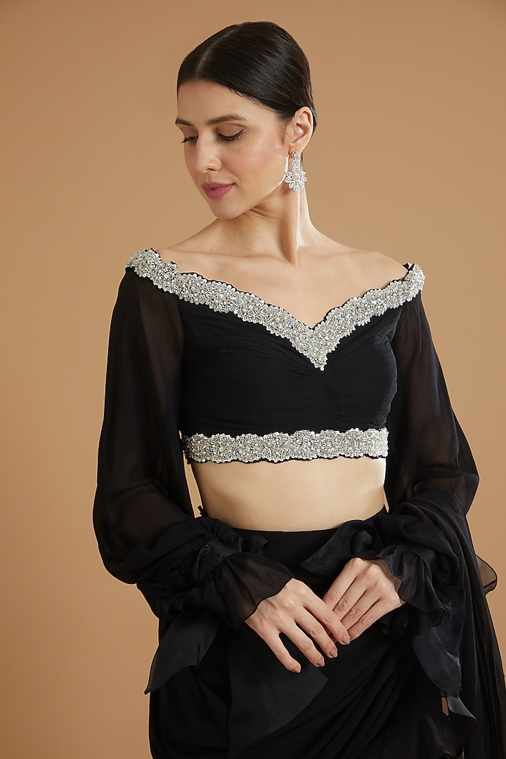 Black Georgette & Organza Ruffled Draped Wedding Saree Set by ANUSHKAA BAJAJ at Pernia's Pop Up Shop