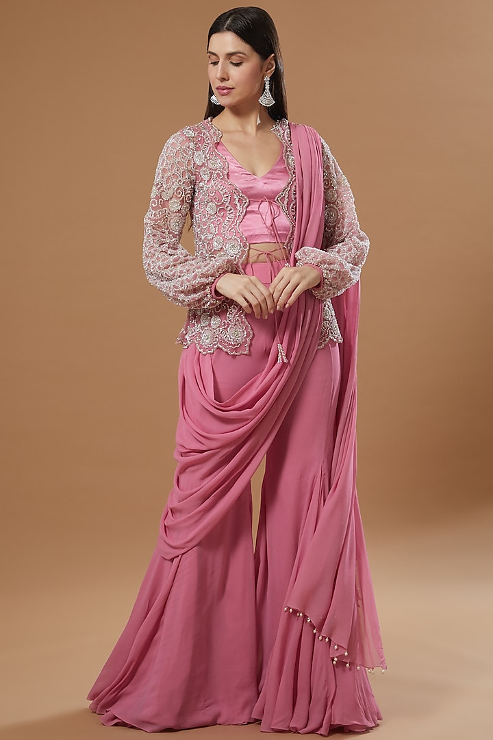 Rose Pink Georgette Pant Saree Set by ANUSHKAA BAJAJ