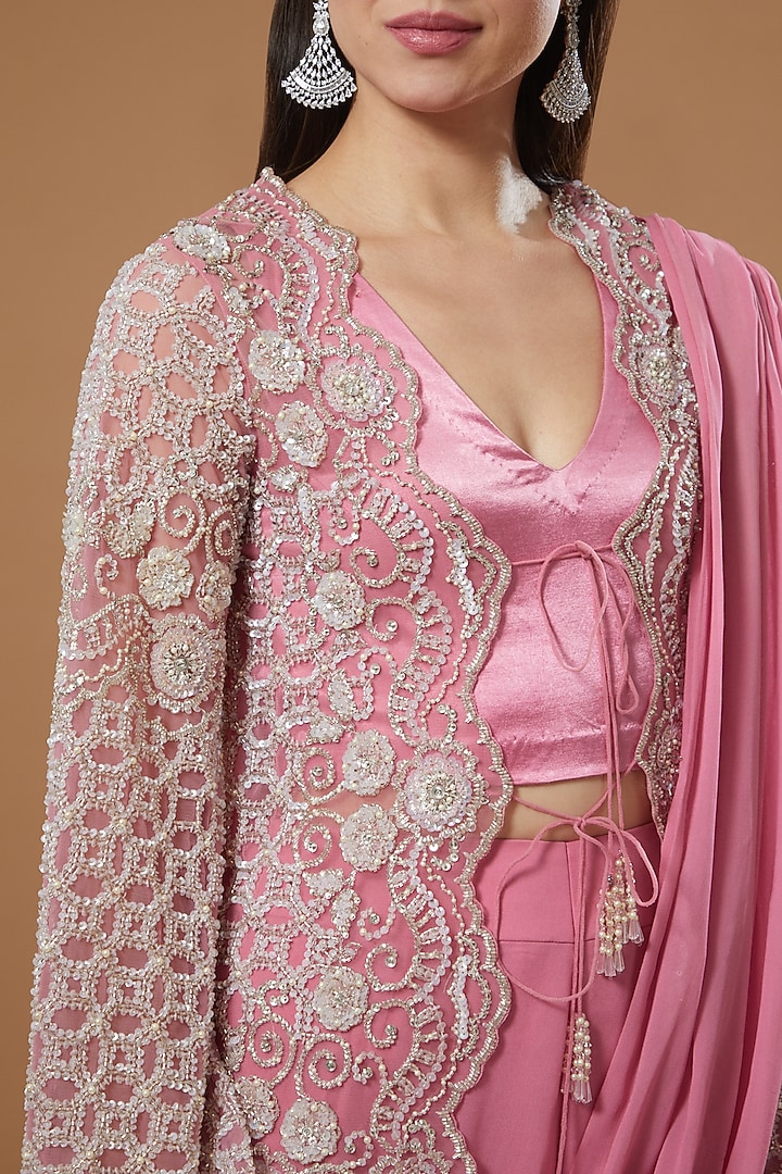 Rose Pink Georgette Embroidered Jacket Pant Reception Saree Set
 by ANUSHKAA BAJAJ at Pernia's Pop Up Shop