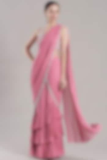 Pink Georgette Embroidered Pre-Draped Saree Set by ANUSHKAA BAJAJ