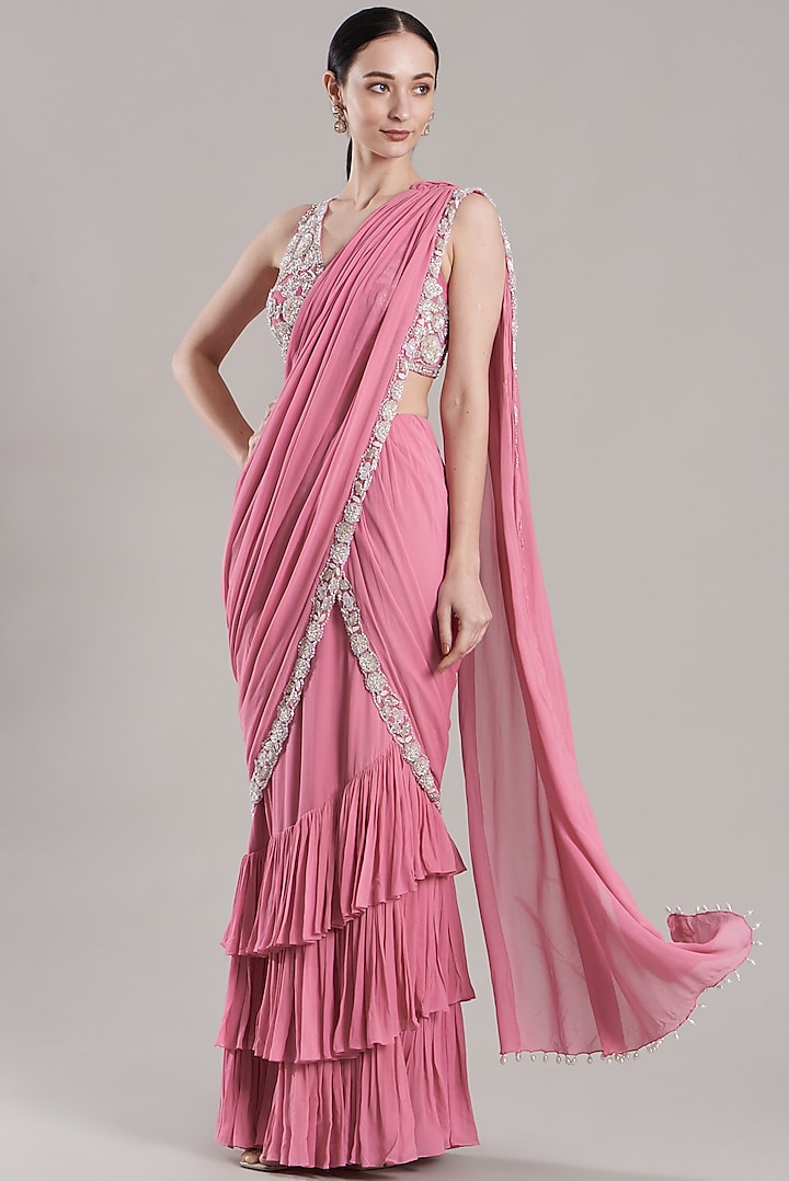 Pink Georgette Embroidered Pre-Draped Saree Set by ANUSHKAA BAJAJ