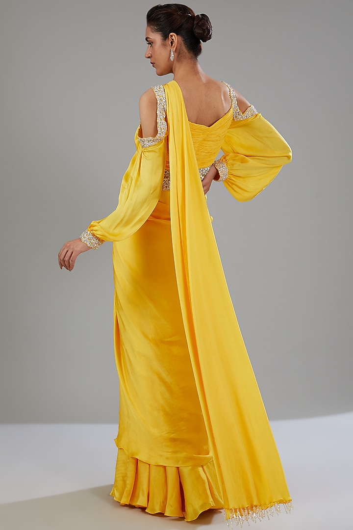 Yellow Satin Georgette Hand Embroidered Wedding Gown Saree by ANUSHKAA BAJAJ at Pernia's Pop Up Shop