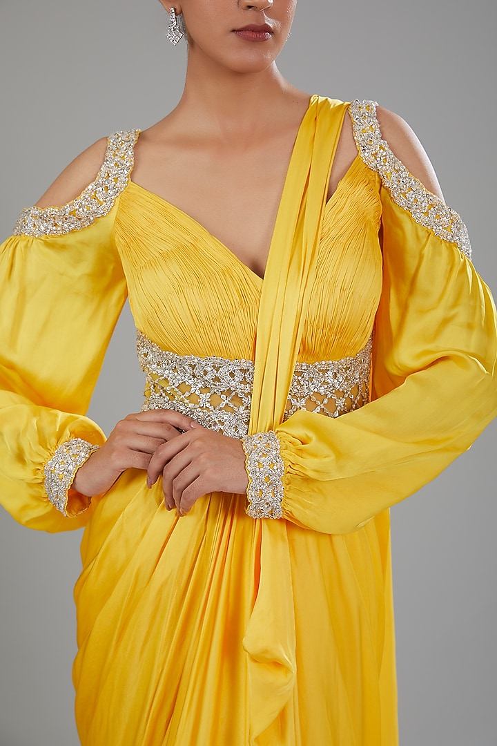Yellow Satin Georgette Hand Embroidered Wedding Gown Saree by ANUSHKAA BAJAJ at Pernia's Pop Up Shop