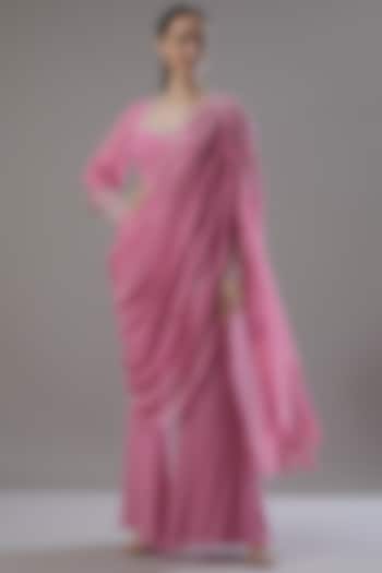 Blush Pink Georgette Pant Saree Set by ANUSHKAA BAJAJ