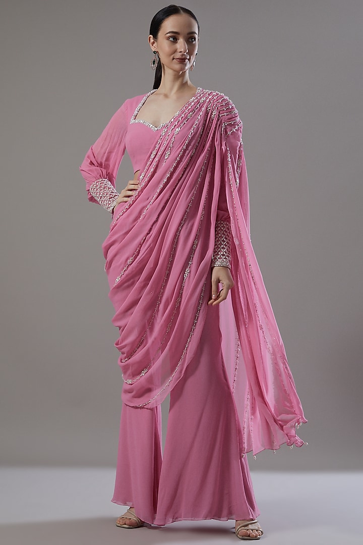 Blush Pink Georgette Embroidered Pant Saree Set by ANUSHKAA BAJAJ