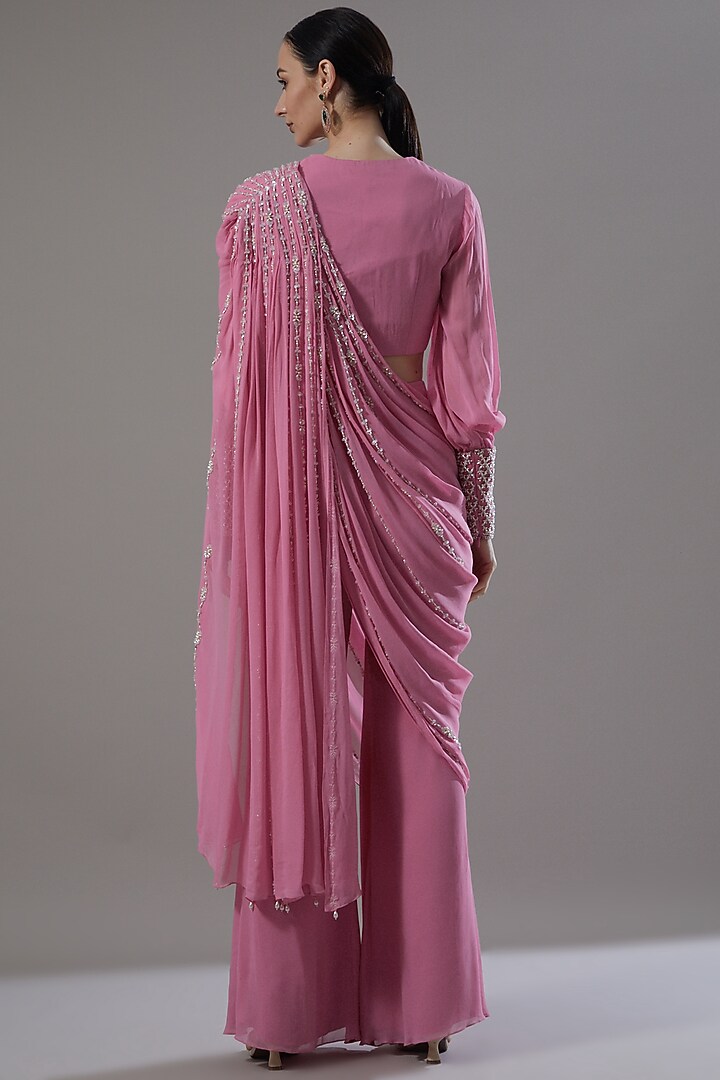 Blush Pink Georgette Embroidered Pant Reception Saree Set by ANUSHKAA BAJAJ at Pernia's Pop Up Shop