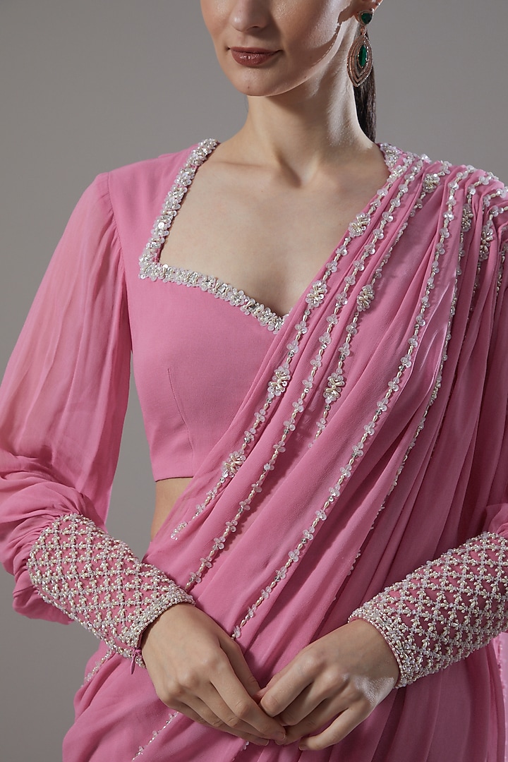 Blush Pink Georgette Embroidered Pant Reception Saree Set by ANUSHKAA BAJAJ at Pernia's Pop Up Shop
