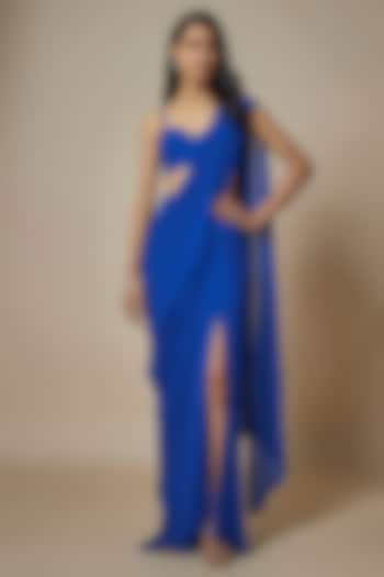 Electric Blue Pure Georgette Pre-Draped Saree Set by Ankita Bajaj Label at Pernia's Pop Up Shop