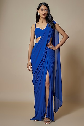 Electric Blue Pure Georgette Pre-Draped Saree Set by Ankita Bajaj Label