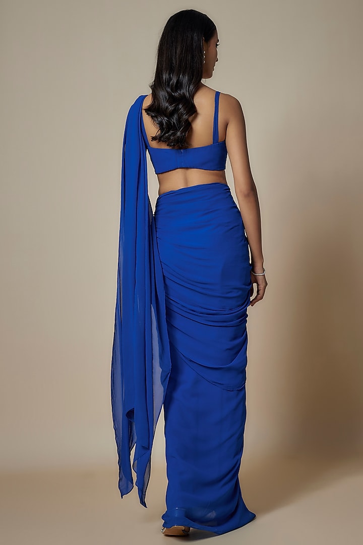 Electric Blue Pure Georgette Pre-Draped Party Wear Saree Set by Ankita Bajaj Label at Pernia's Pop Up Shop