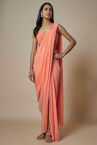 Peach Pure Georgette Pre-Draped Slit Saree Set by Ankita Bajaj Label