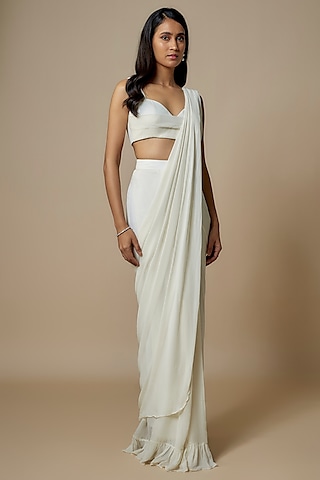 Ivory Pure Georgette Pre-Draped Ruffled Saree Set by Ankita Bajaj Label