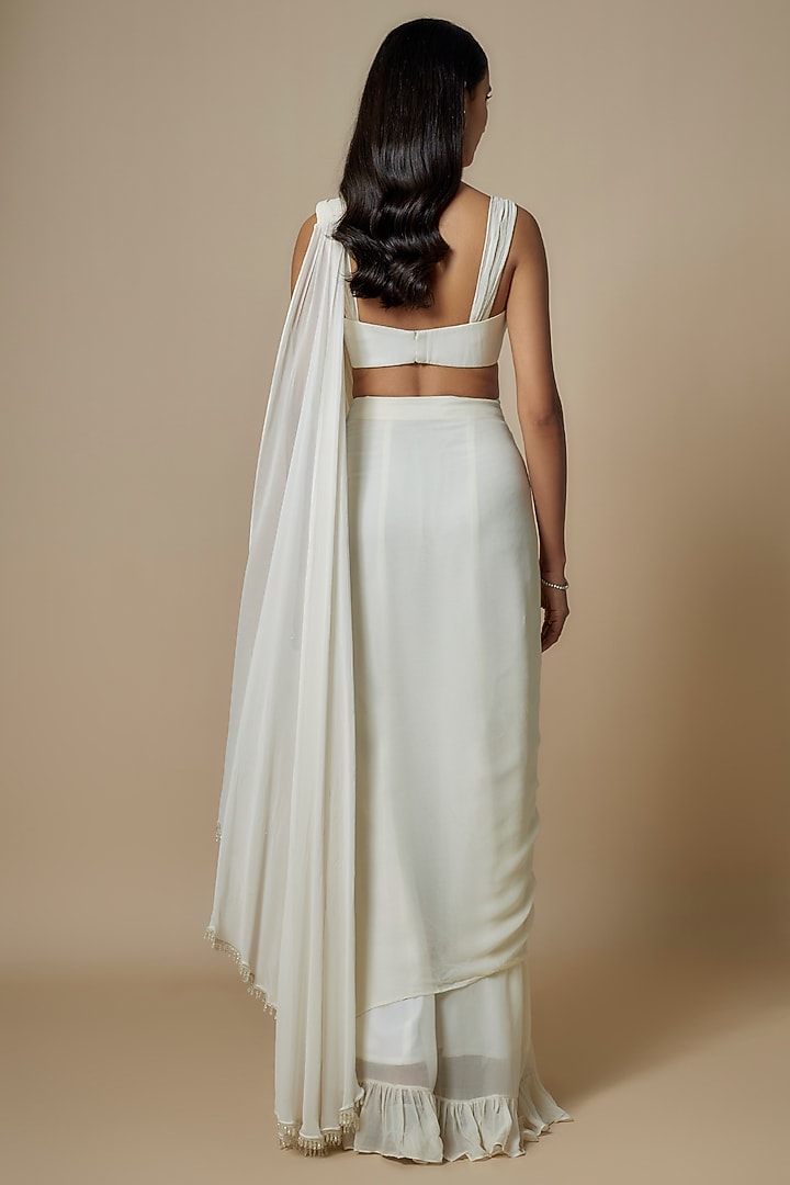 Ivory Pure Georgette Pre-Draped Ruffled Party Wear Saree Set by Ankita Bajaj Label at Pernia's Pop Up Shop