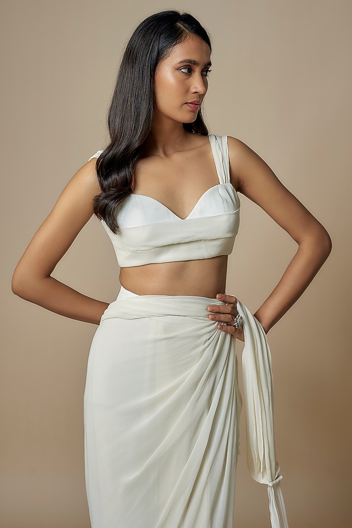 Ivory Pure Georgette Pre-Draped Ruffled Party Wear Saree Set by Ankita Bajaj Label at Pernia's Pop Up Shop