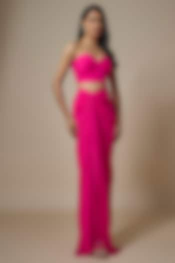 Fuchsia Pink Pure Georgette Draped Skirt Set by Ankita Bajaj Label at Pernia's Pop Up Shop