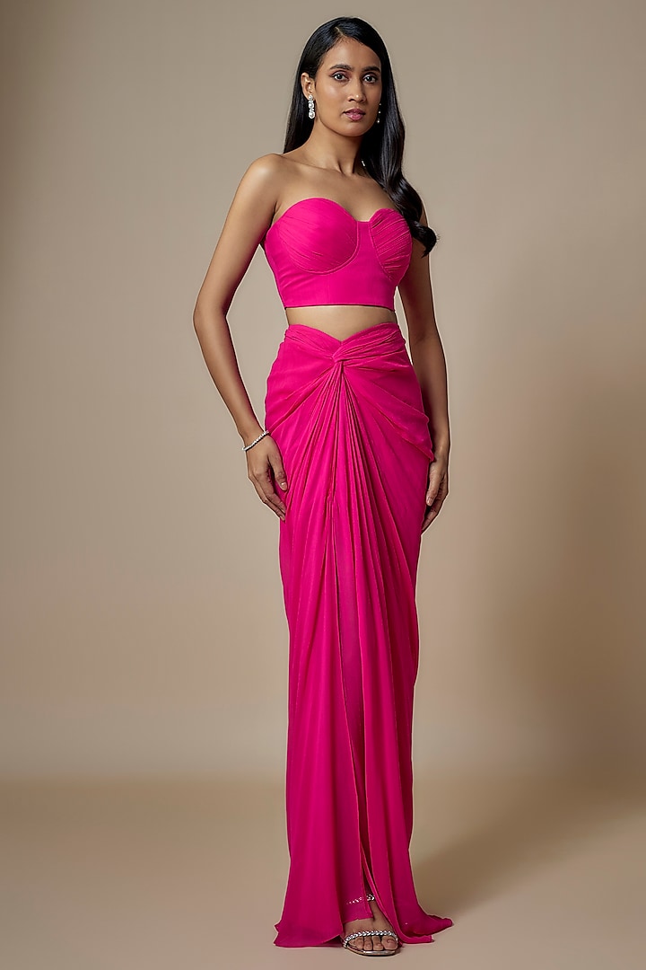 Fuchsia Pink Pure Georgette Draped Skirt Set by Ankita Bajaj Label at Pernia's Pop Up Shop