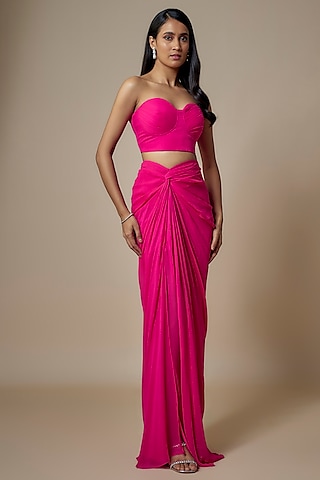Fuchsia Pink Pure Georgette Draped Skirt Set by Ankita Bajaj Label