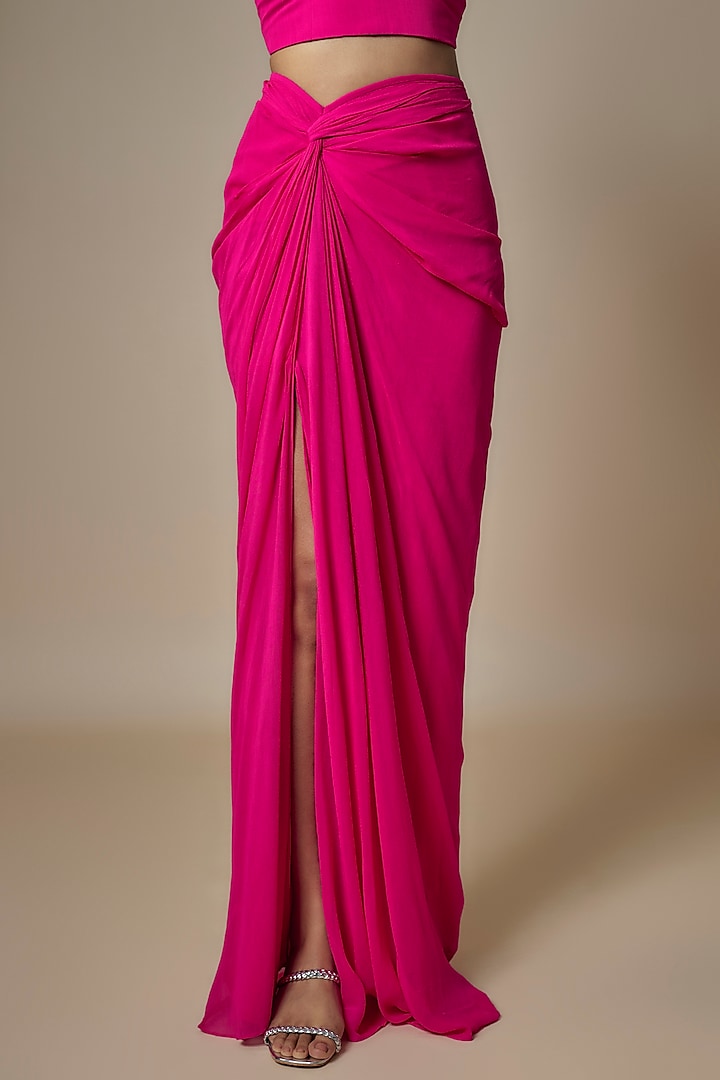 Fuchsia Pink Pure Georgette Draped Skirt Set by Ankita Bajaj Label at Pernia's Pop Up Shop