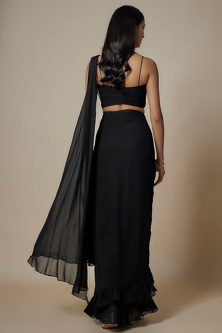 Black Pure Georgette Pearl Embroidered Pre-Draped Ruffled Party Wear Saree Set by Ankita Bajaj Label at Pernia's Pop Up Shop