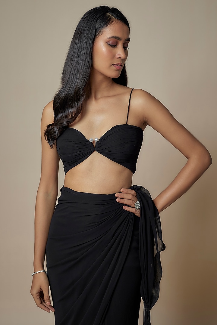 Black Pure Georgette Pearl Embroidered Pre-Draped Ruffled Party Wear Saree Set by Ankita Bajaj Label at Pernia's Pop Up Shop