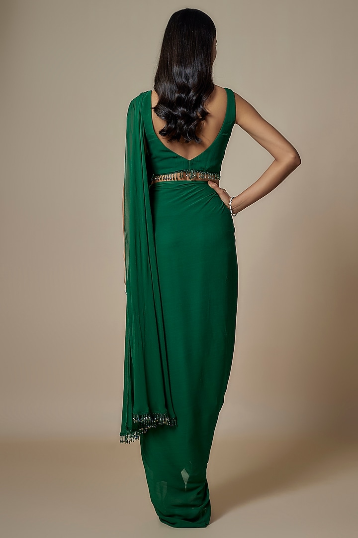 Emerald Green Pure Georgette Dhoti Pre-Draped Party Wear Saree Set by Ankita Bajaj Label at Pernia's Pop Up Shop