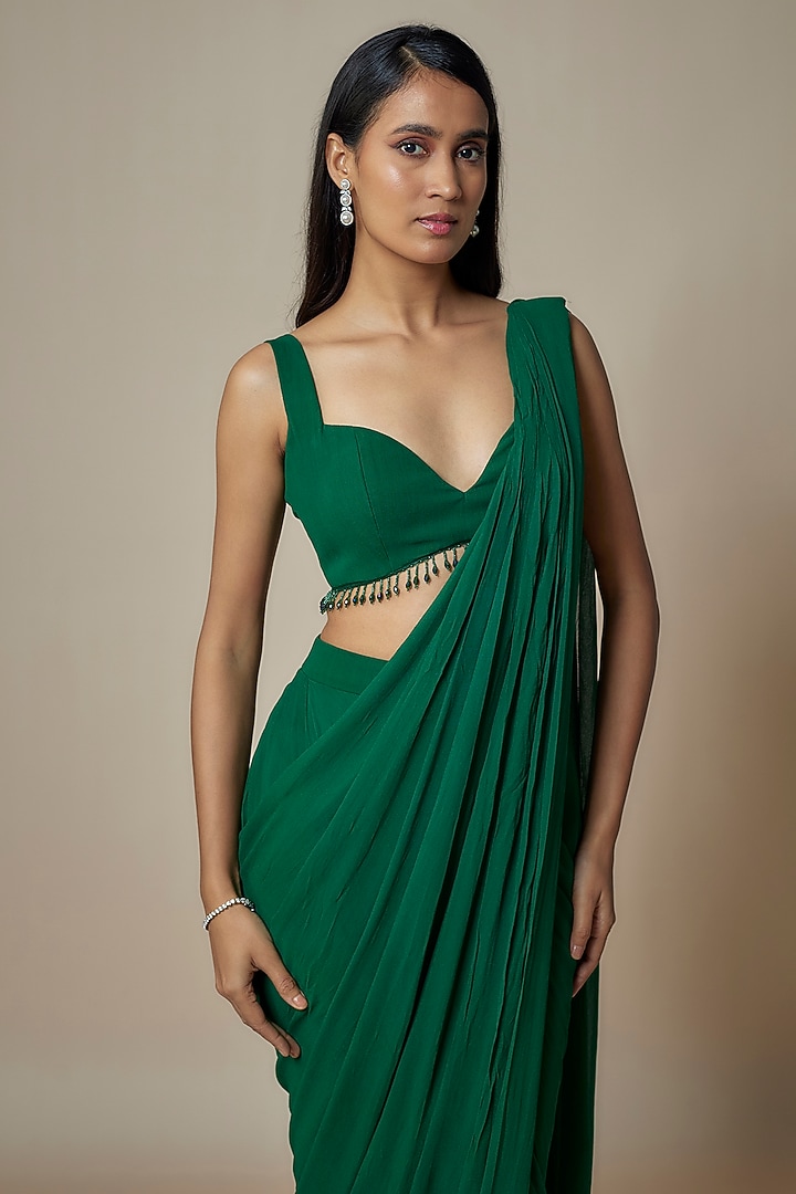 Emerald Green Pure Georgette Dhoti Pre-Draped Party Wear Saree Set by Ankita Bajaj Label at Pernia's Pop Up Shop