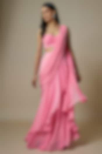 Baby Pink Pure Georgette Ruffles Saree Set by Ankita Bajaj Label at Pernia's Pop Up Shop