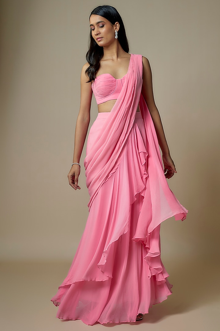 Baby Pink Pure Georgette Ruffles Saree Set by Ankita Bajaj Label at Pernia's Pop Up Shop