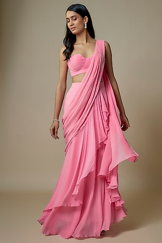Baby Pink Pure Georgette Ruffled Saree Set by Ankita Bajaj Label