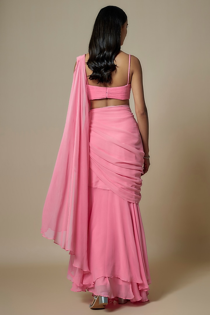 Baby Pink Pure Georgette Ruffled Party Wear Saree Set by Ankita Bajaj Label at Pernia's Pop Up Shop