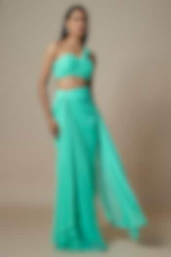 Aqua Pure Georgette Pre-Draped Silt Saree Set by Ankita Bajaj Label at Pernia's Pop Up Shop