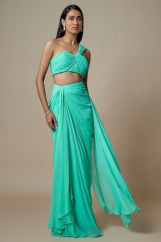 Aqua Pure Georgette Pre-Draped Slit Saree Set by Ankita Bajaj Label
