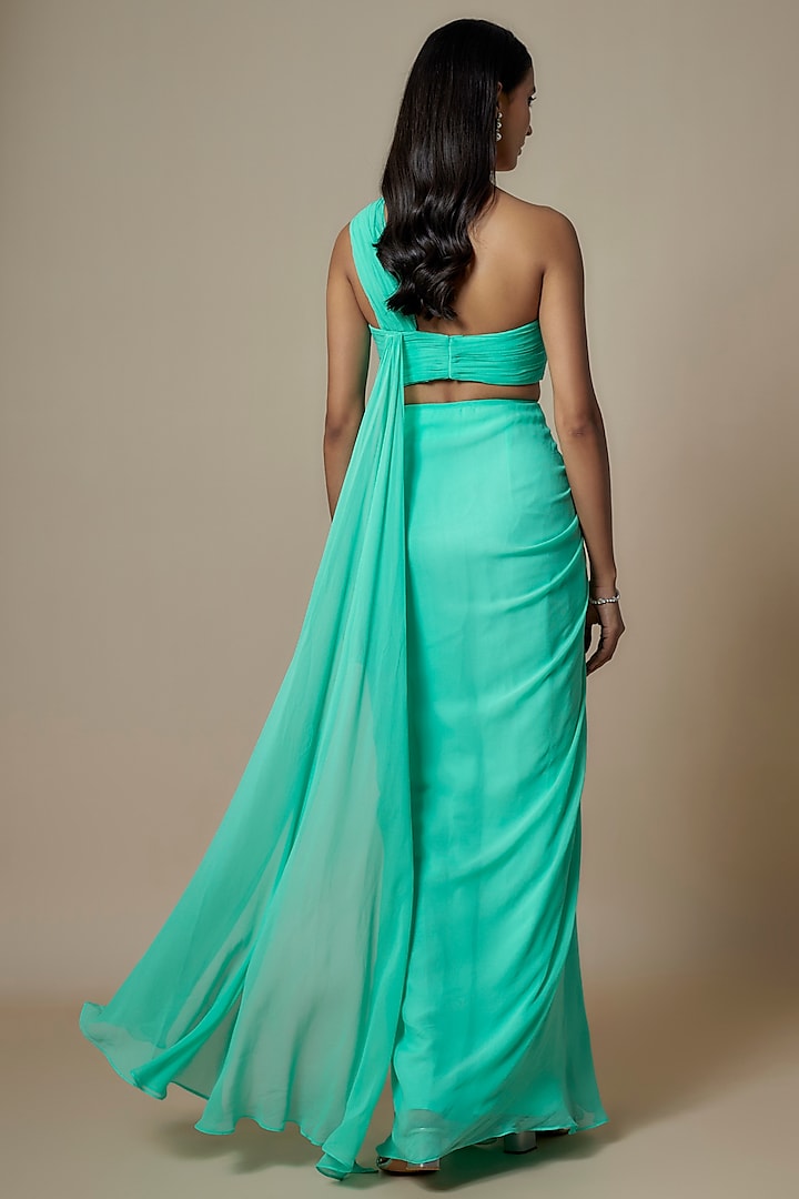 Aqua Pure Georgette Pre-Draped Slit Party Wear Saree Set by Ankita Bajaj Label at Pernia's Pop Up Shop