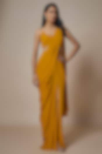 Mustard Pure Georgette Pre-Draped Silt Saree Set by Ankita Bajaj Label at Pernia's Pop Up Shop