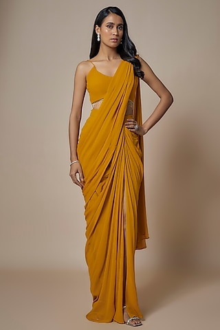 Mustard Pure Georgette Pre-Draped Slit Saree Set by Ankita Bajaj Label