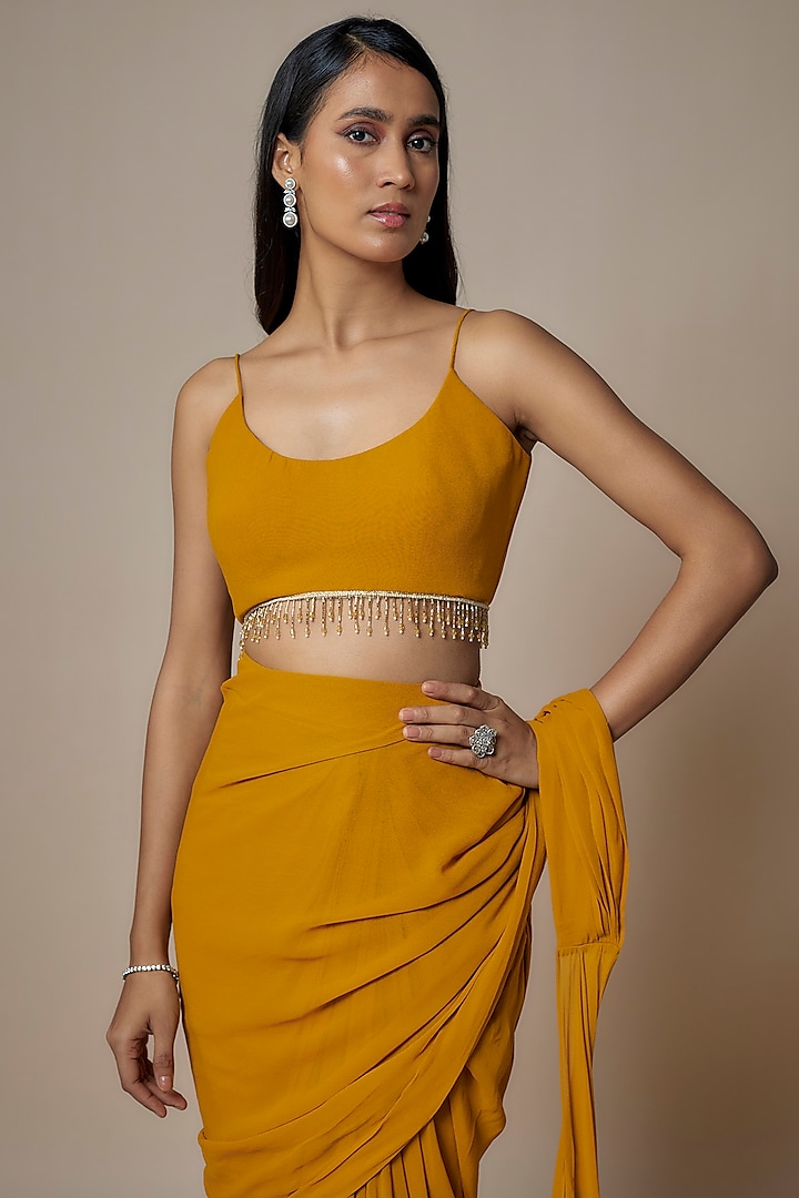 Mustard Pure Georgette Pre-Draped Slit Party Wear Saree Set by Ankita Bajaj Label at Pernia's Pop Up Shop