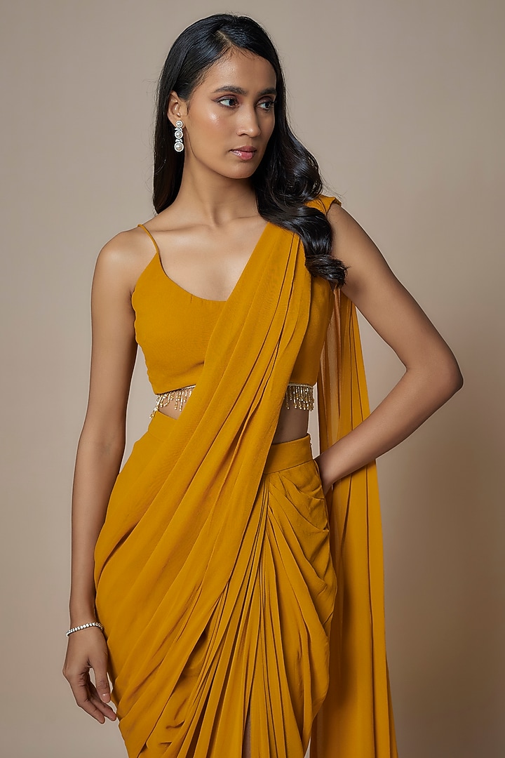 Mustard Pure Georgette Pre-Draped Slit Party Wear Saree Set by Ankita Bajaj Label at Pernia's Pop Up Shop
