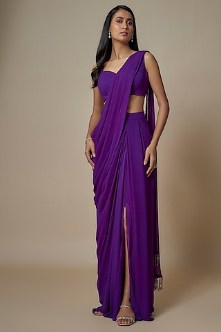 Purple Pure Georgette Pre-Draped Slit Saree Set by Ankita Bajaj Label