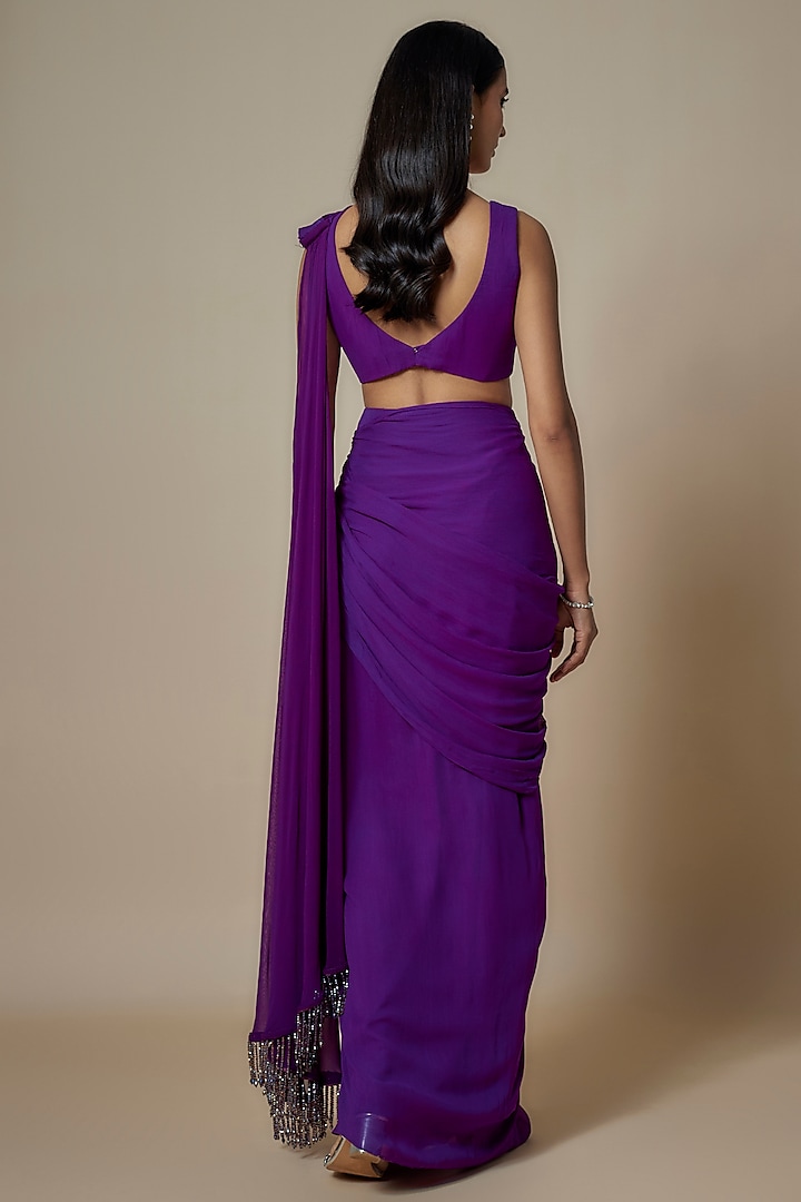 Purple Pure Georgette Pre-Draped Slit Party Wear Saree Set by Ankita Bajaj Label at Pernia's Pop Up Shop