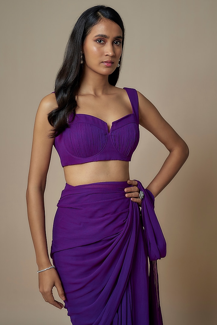 Purple Pure Georgette Pre-Draped Slit Party Wear Saree Set by Ankita Bajaj Label at Pernia's Pop Up Shop