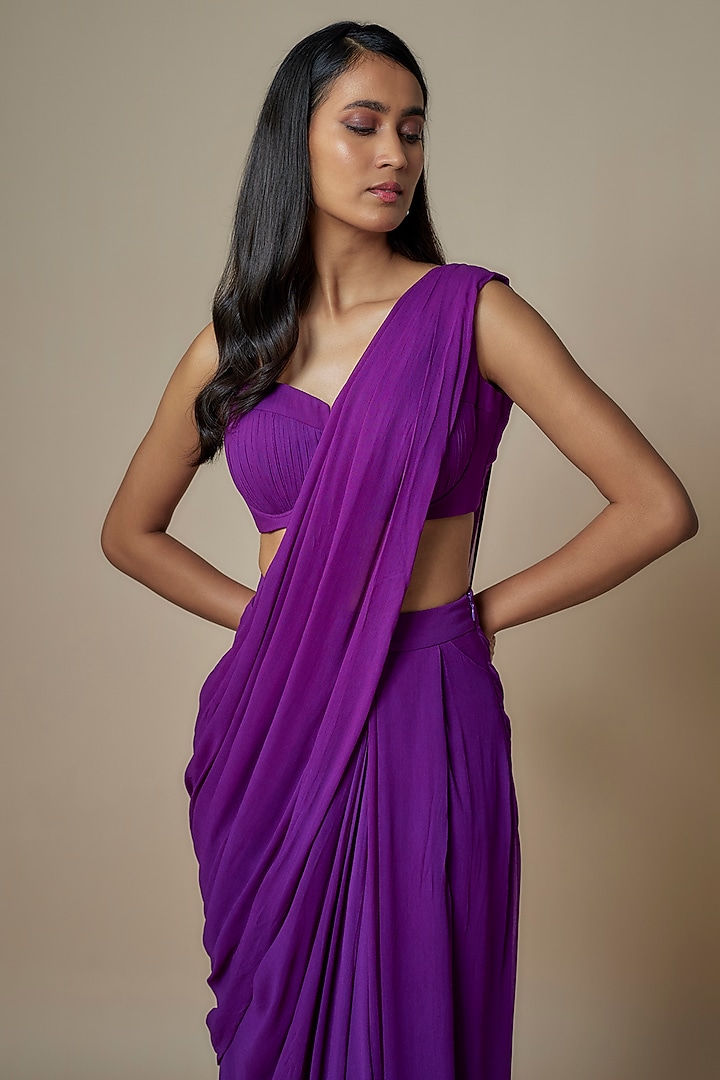 Purple Pure Georgette Pre-Draped Slit Party Wear Saree Set by Ankita Bajaj Label at Pernia's Pop Up Shop