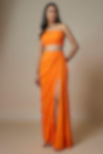 Orange Pure Georgette Draped Skirt Set by Ankita Bajaj Label at Pernia's Pop Up Shop