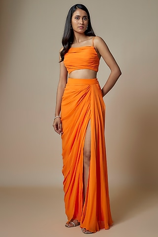 Orange Pure Georgette Draped Skirt Set by Ankita Bajaj Label