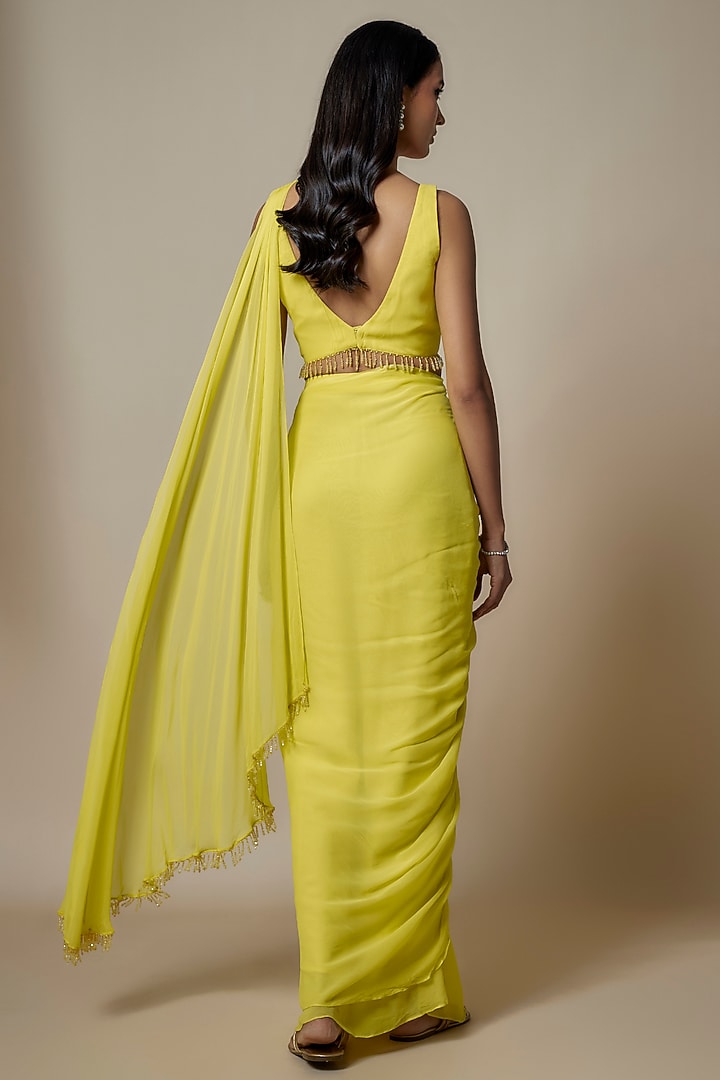 Lime Yellow Pure Georgette Pre-Draped Party Wear Saree Set by Ankita Bajaj Label at Pernia's Pop Up Shop