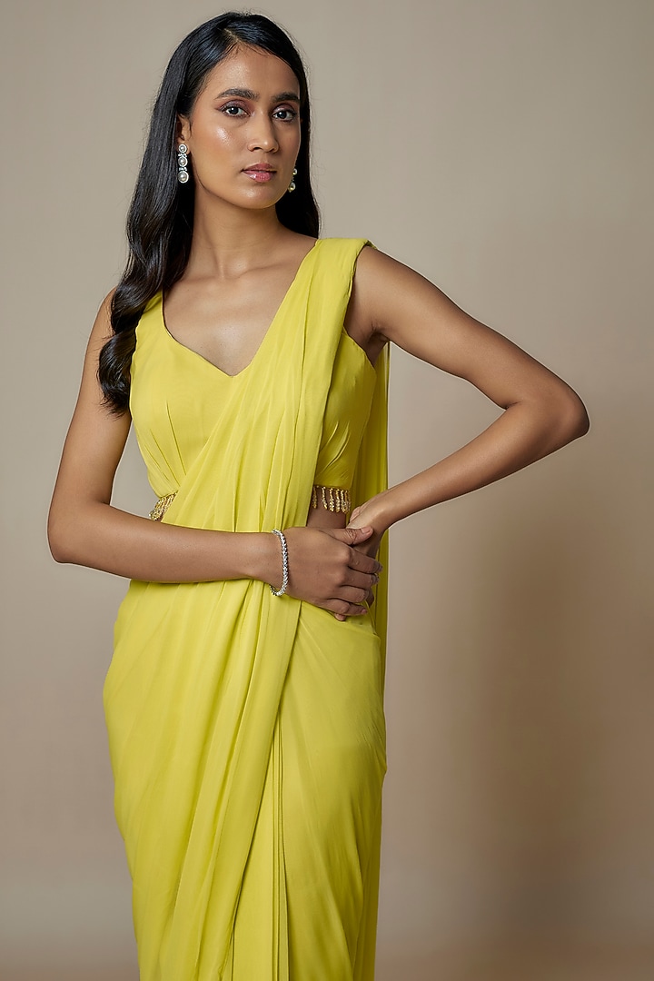 Lime Yellow Pure Georgette Pre-Draped Party Wear Saree Set by Ankita Bajaj Label at Pernia's Pop Up Shop