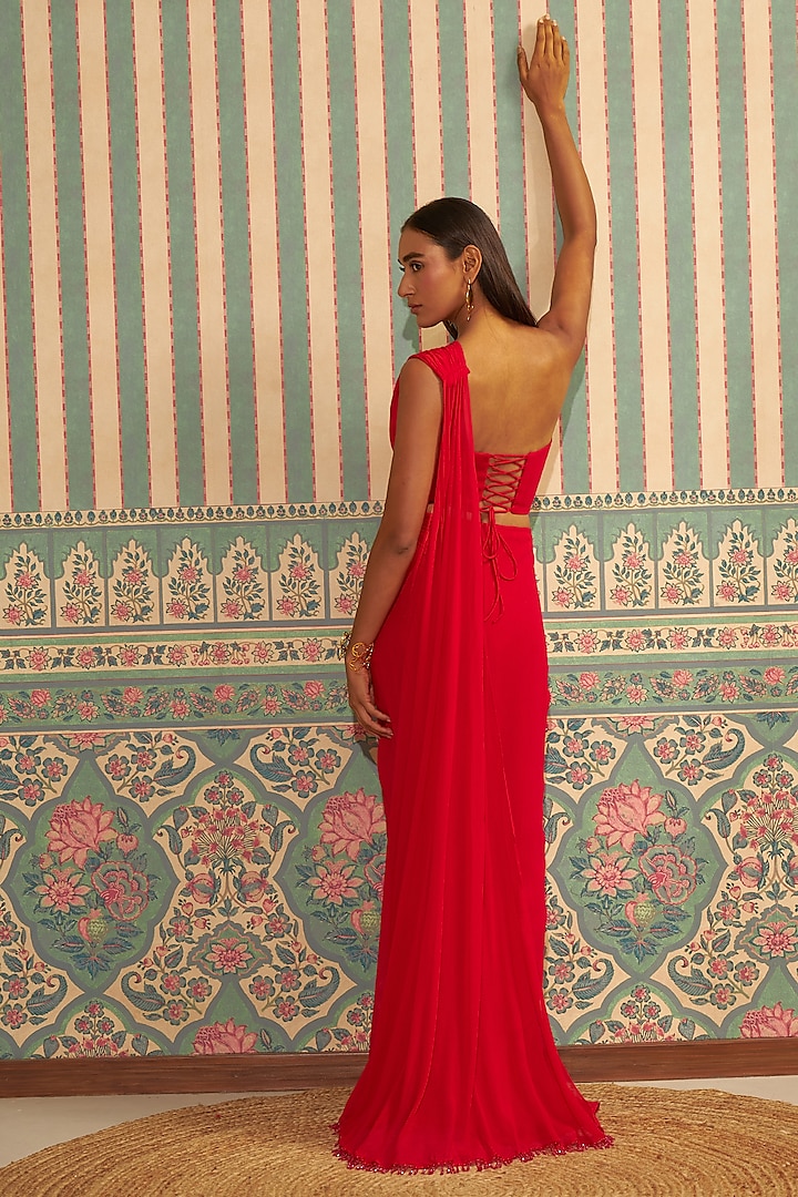 Red Pure Georgette Pre-Draped Party Wear Saree Set by Ankita Bajaj Label at Pernia's Pop Up Shop