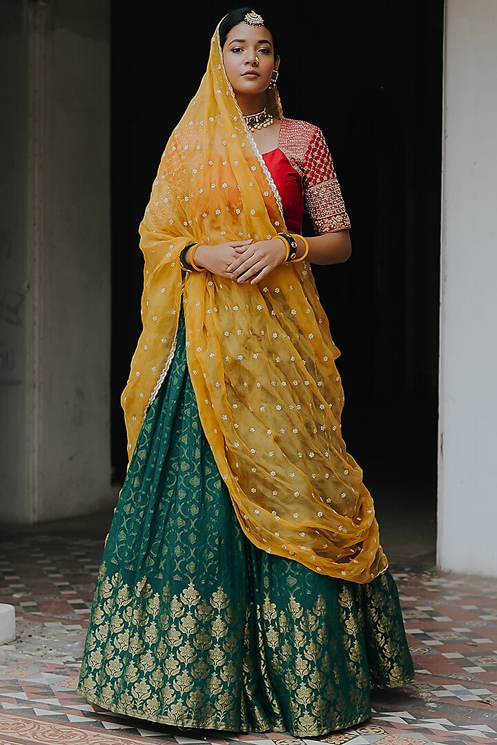 Green Moonga Banarasi Silk Lehenga Set by Anjana Bohra